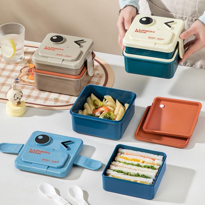 萌趣笑脸双层可收纳饭盒1500ml